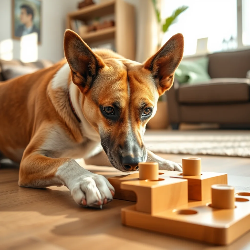 Un perro resolviendo un juguete de rompecabezas.