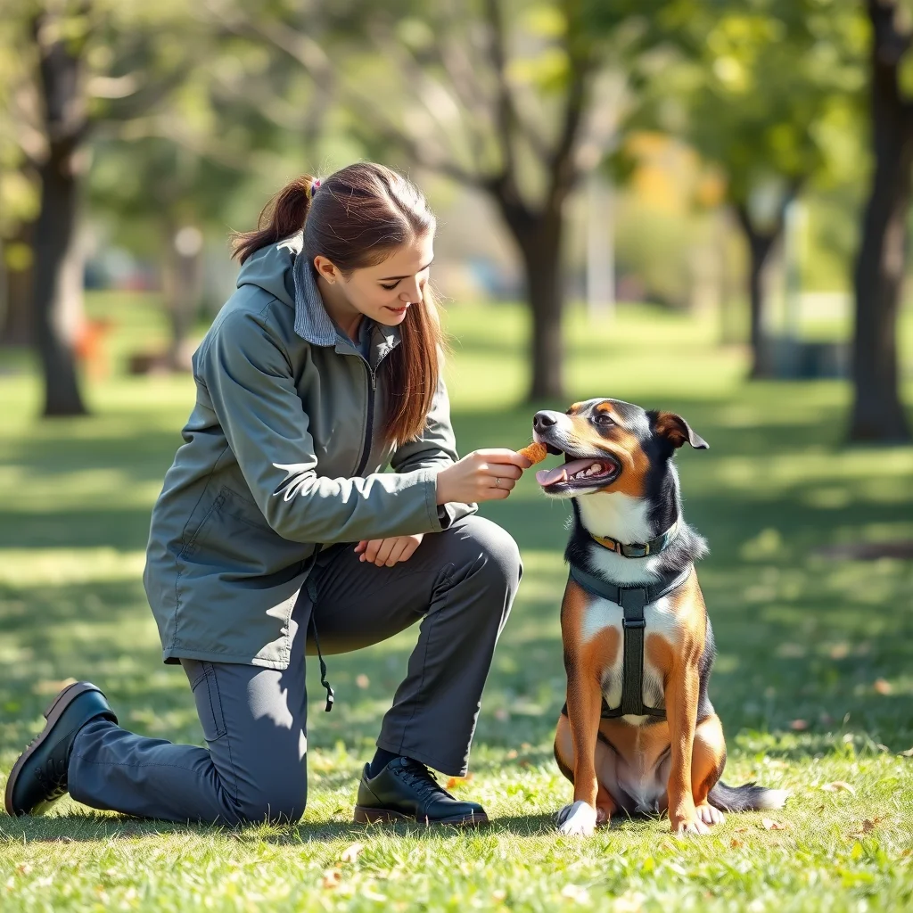Entrenador con perro feliz en un parque.