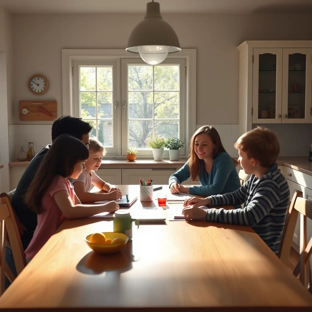 Familia discutiendo opciones educativas en la cocina.