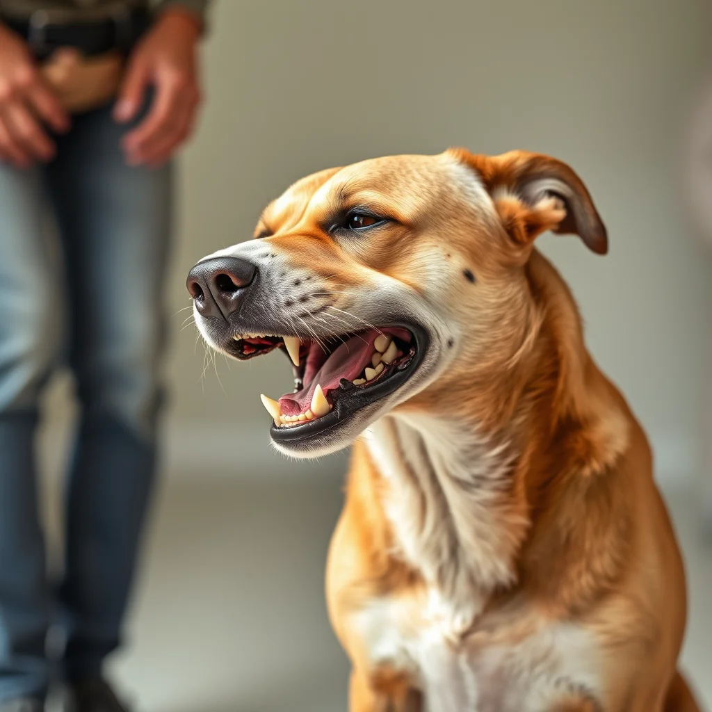 Un perro gruñe, dueño parece preocupado.