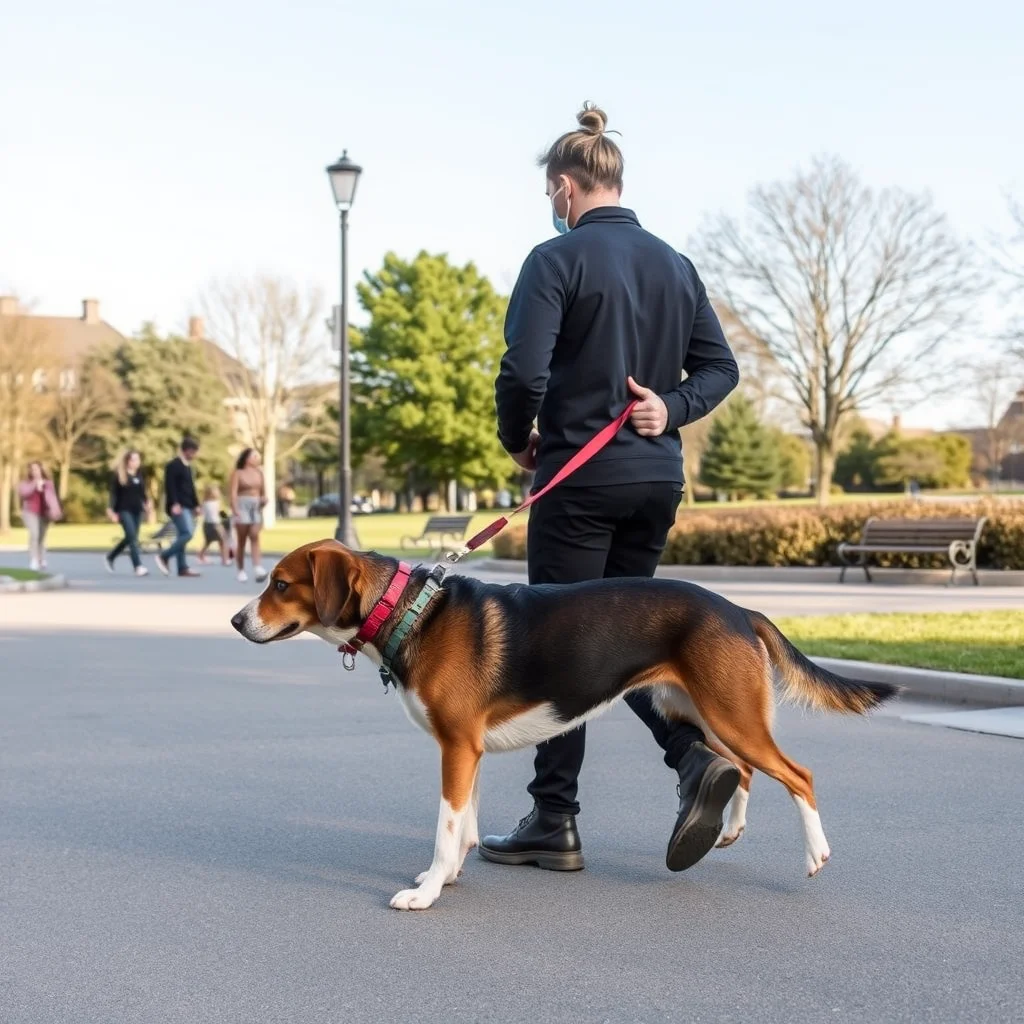 Entrenador guía perro en un parque.