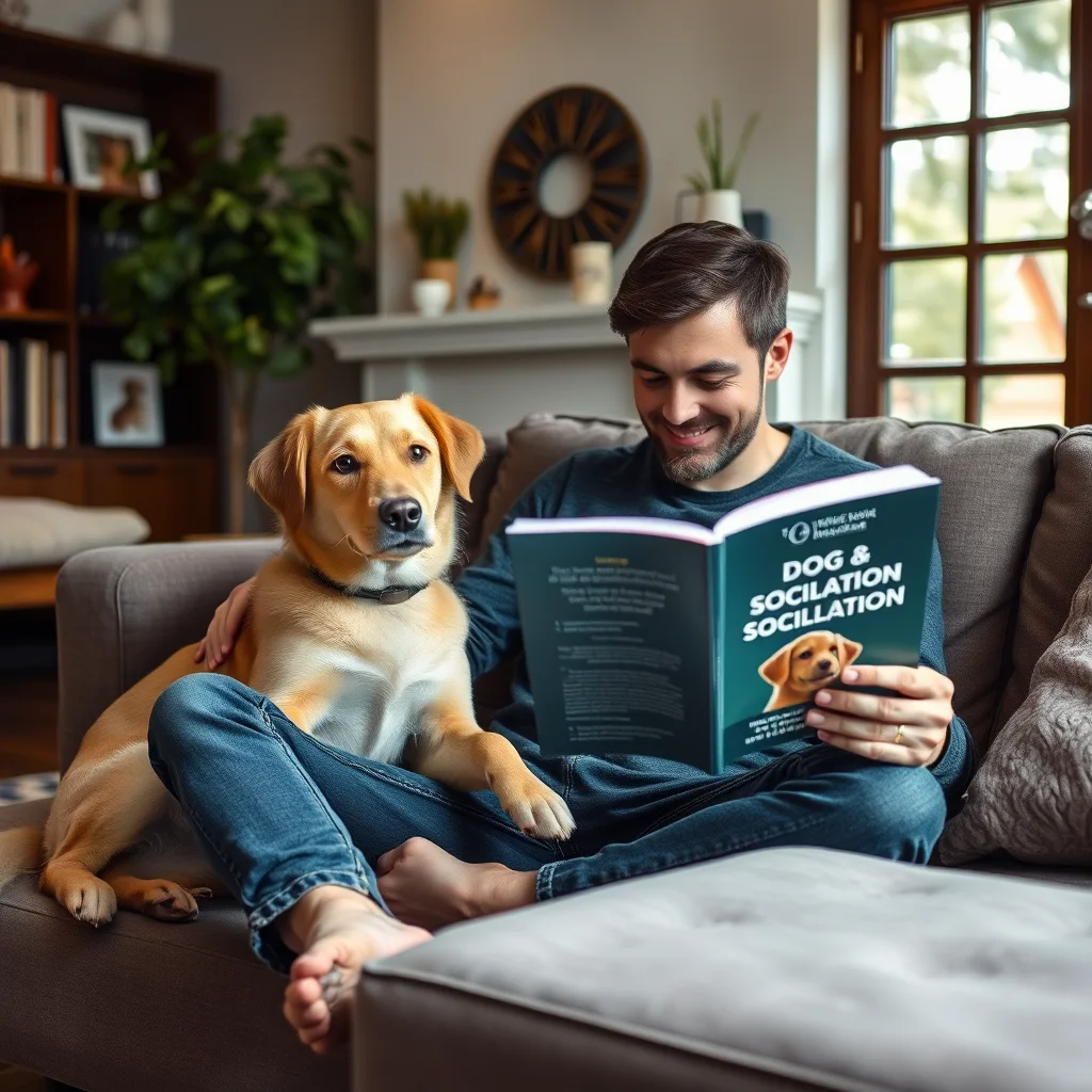 Dueño leyendo sobre socialización canina.
