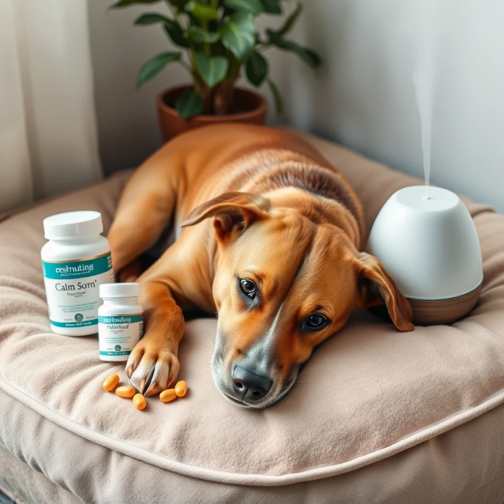 Un perro tranquilo con suplementos y difusor.