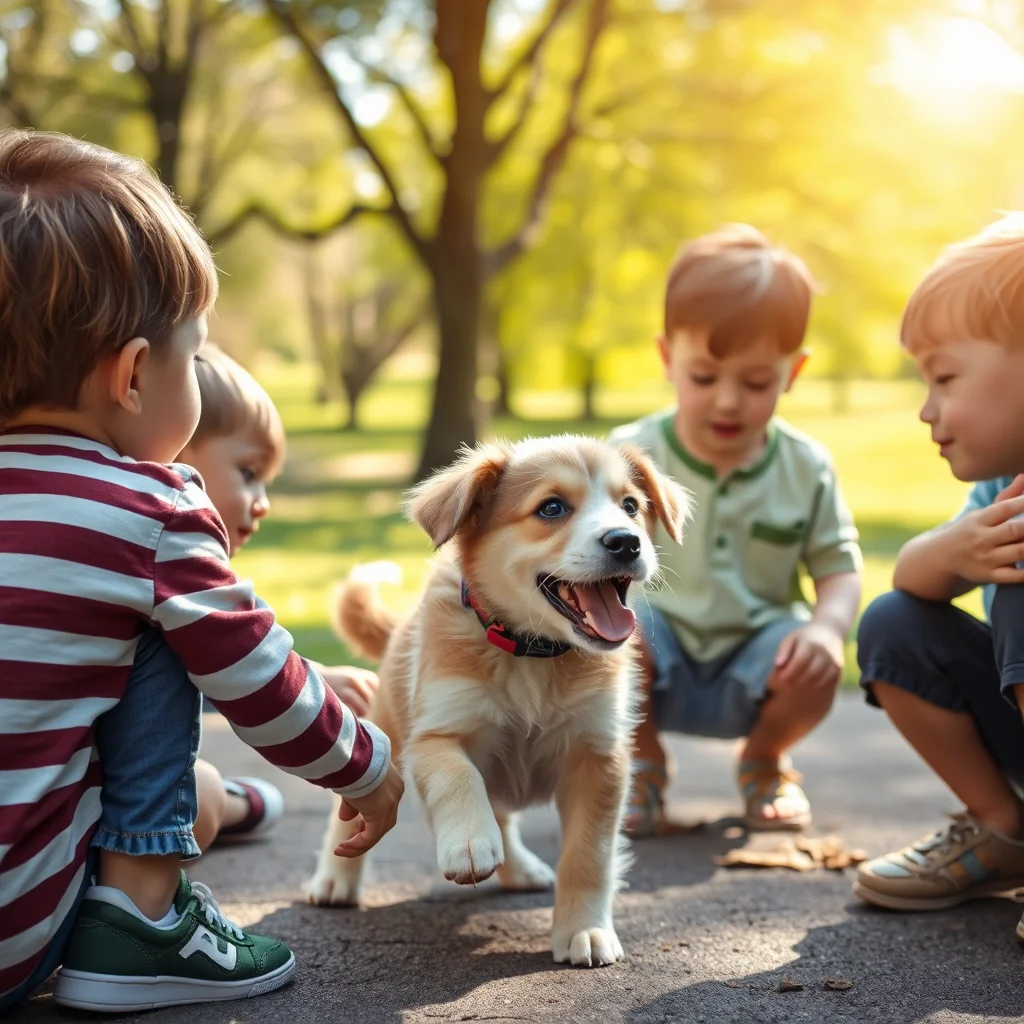 Un cachorro juega con niños en el parque.