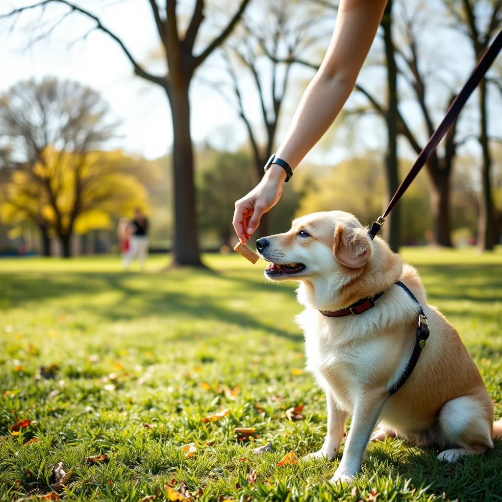 Entrenador recompensa a un perro tranquilo en el parque.