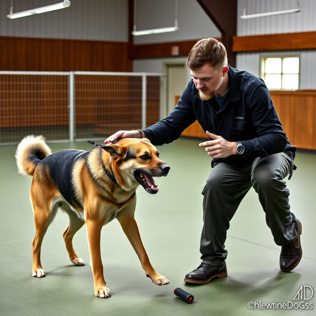 Entrenador con perro agresivo en entrenamiento.