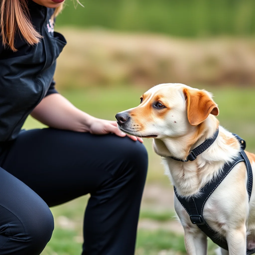Entrenador con chaleco y perro en acción.