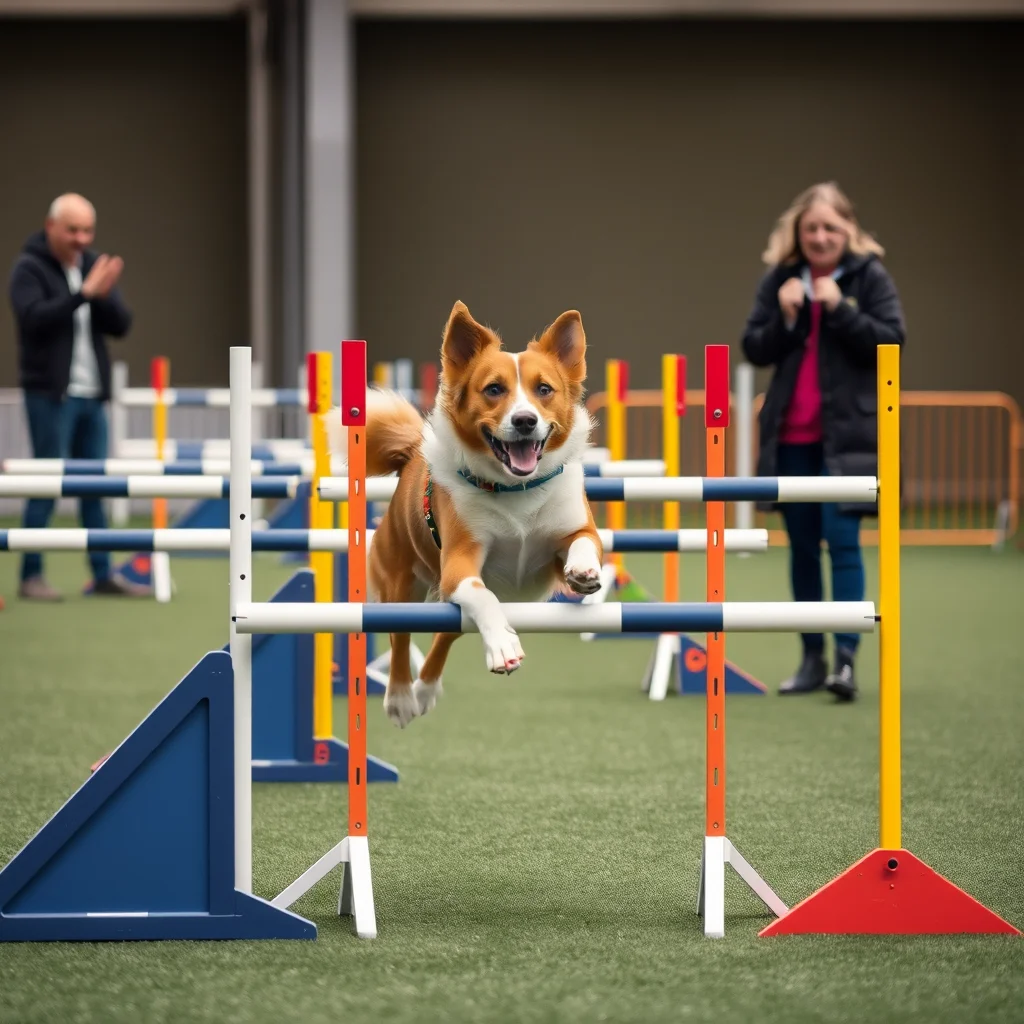 Perro saltando en un curso de agilidad.