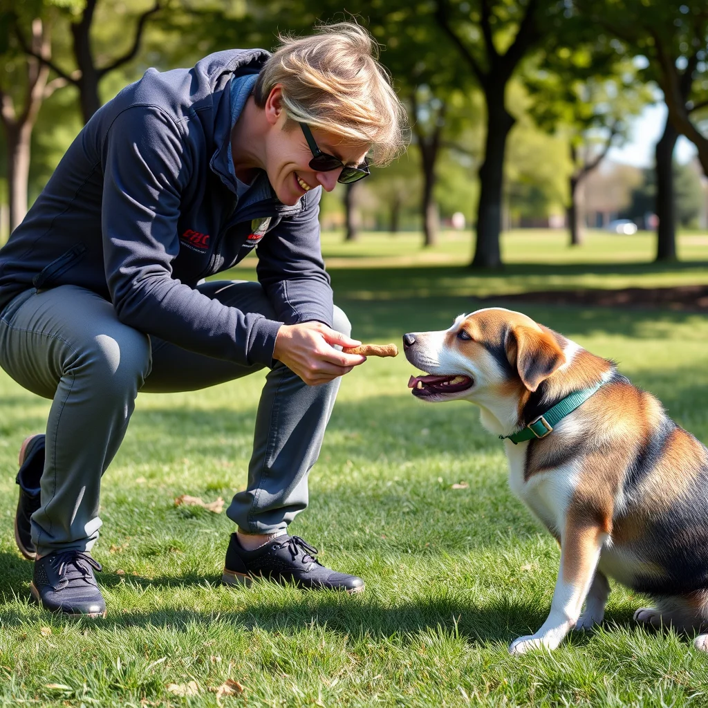Entrenador recompensa a un perro en un parque.
