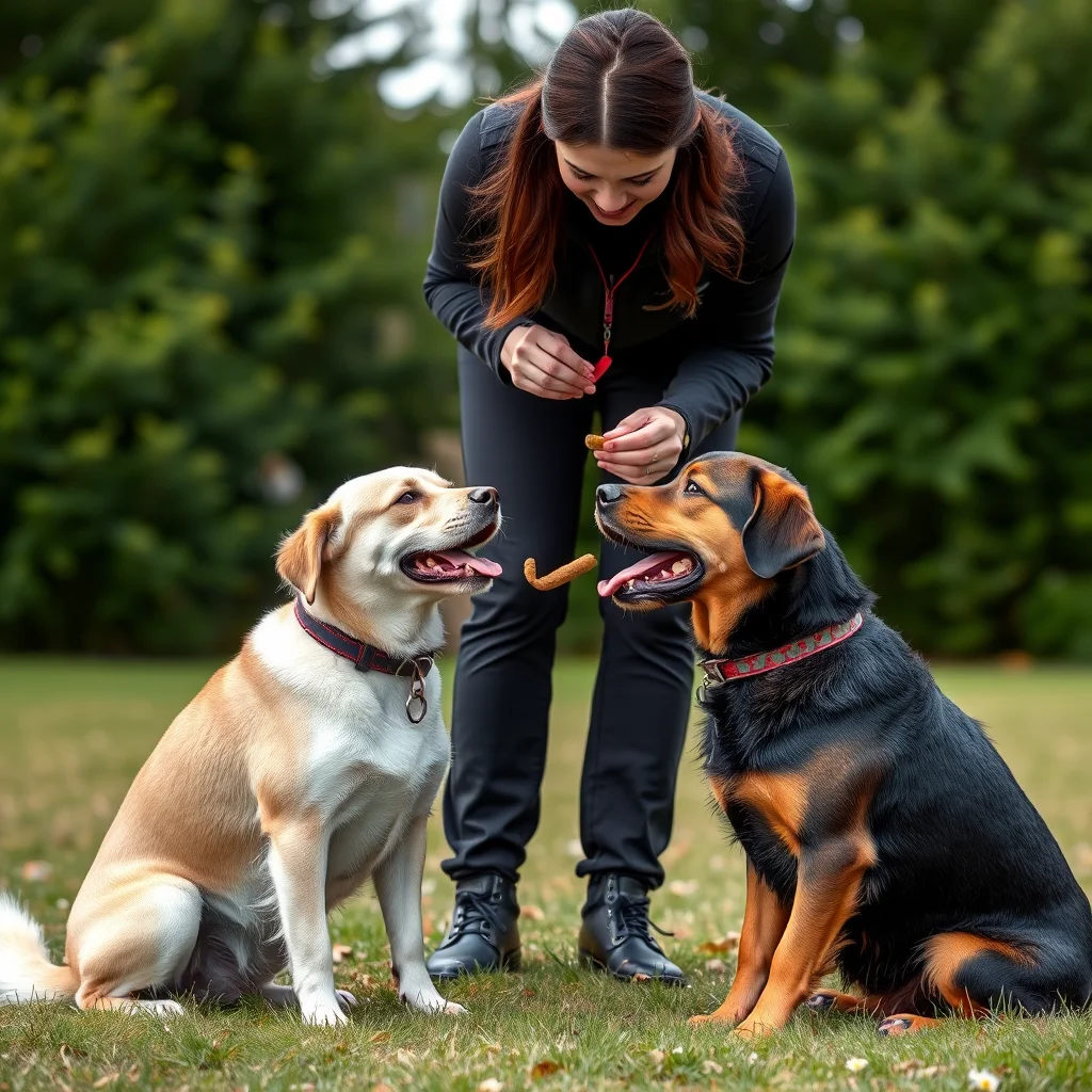 Entrenador de perros usando refuerzo positivo.