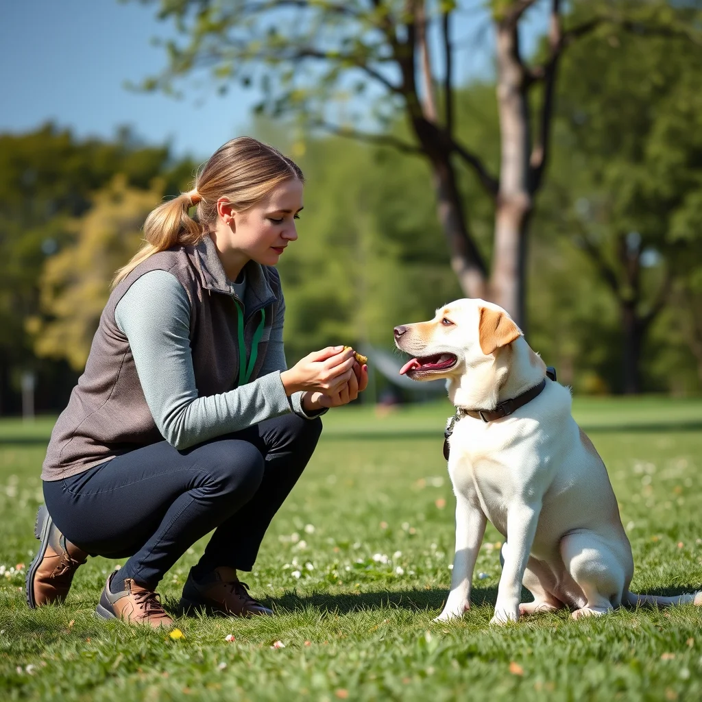 Entrenador con perro en un parque soleado.