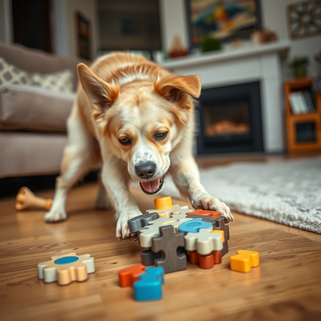 Un perro resolviendo un juguete en casa.