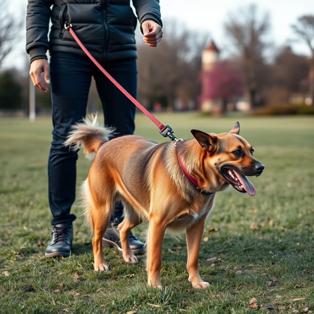 Persona manejando un perro reactivo en el parque.