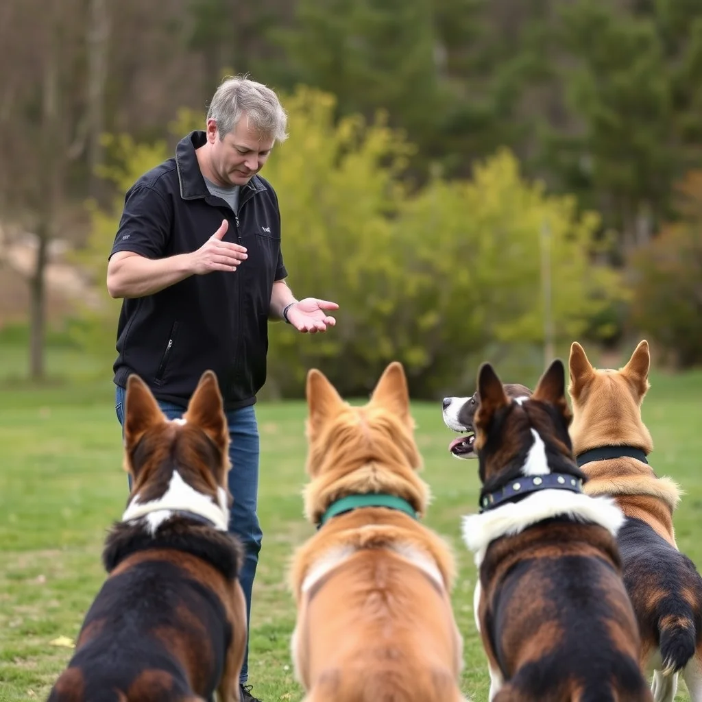 Entrenador mostrando comandos a perros atentos.