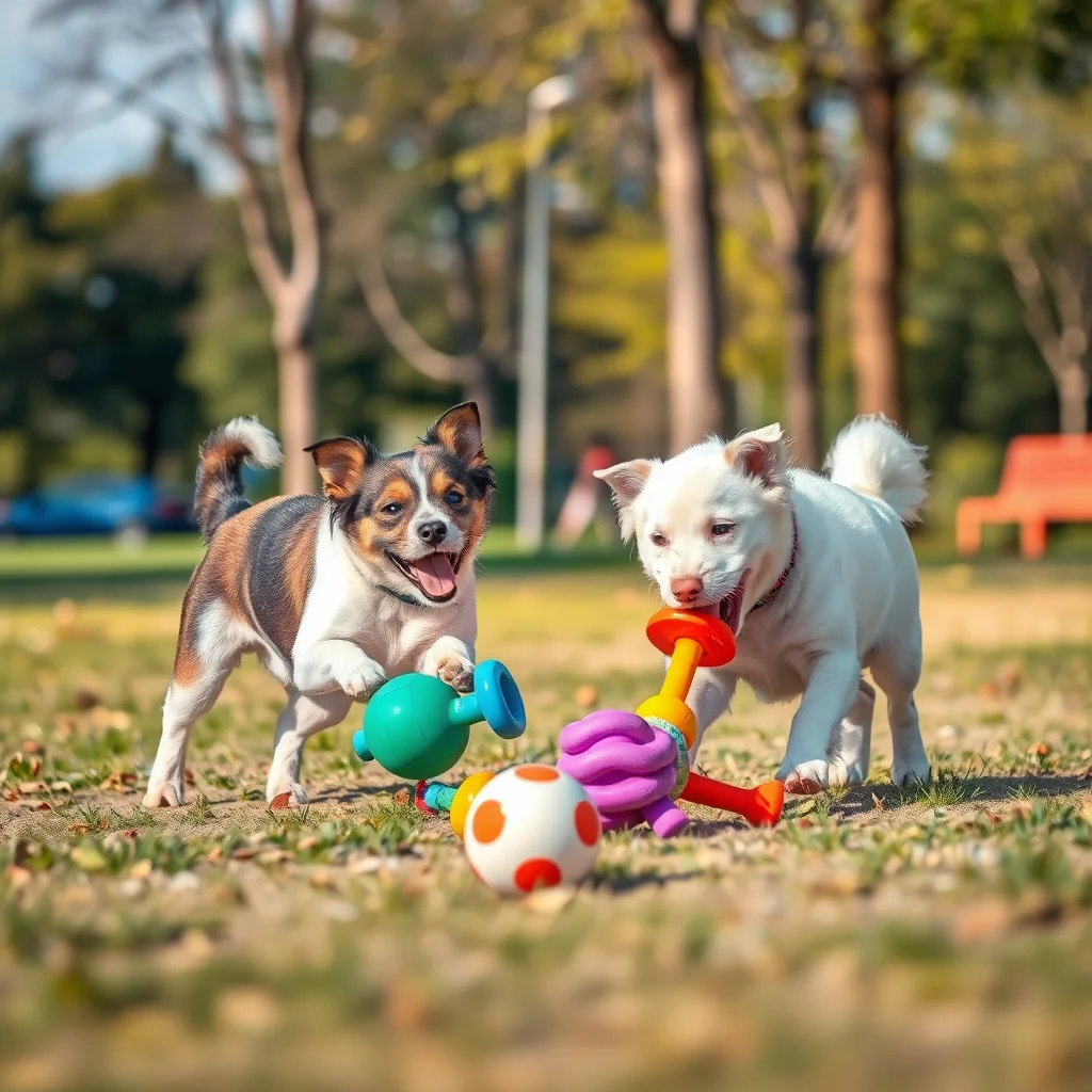 Dos perros jugando con juguetes al aire libre.