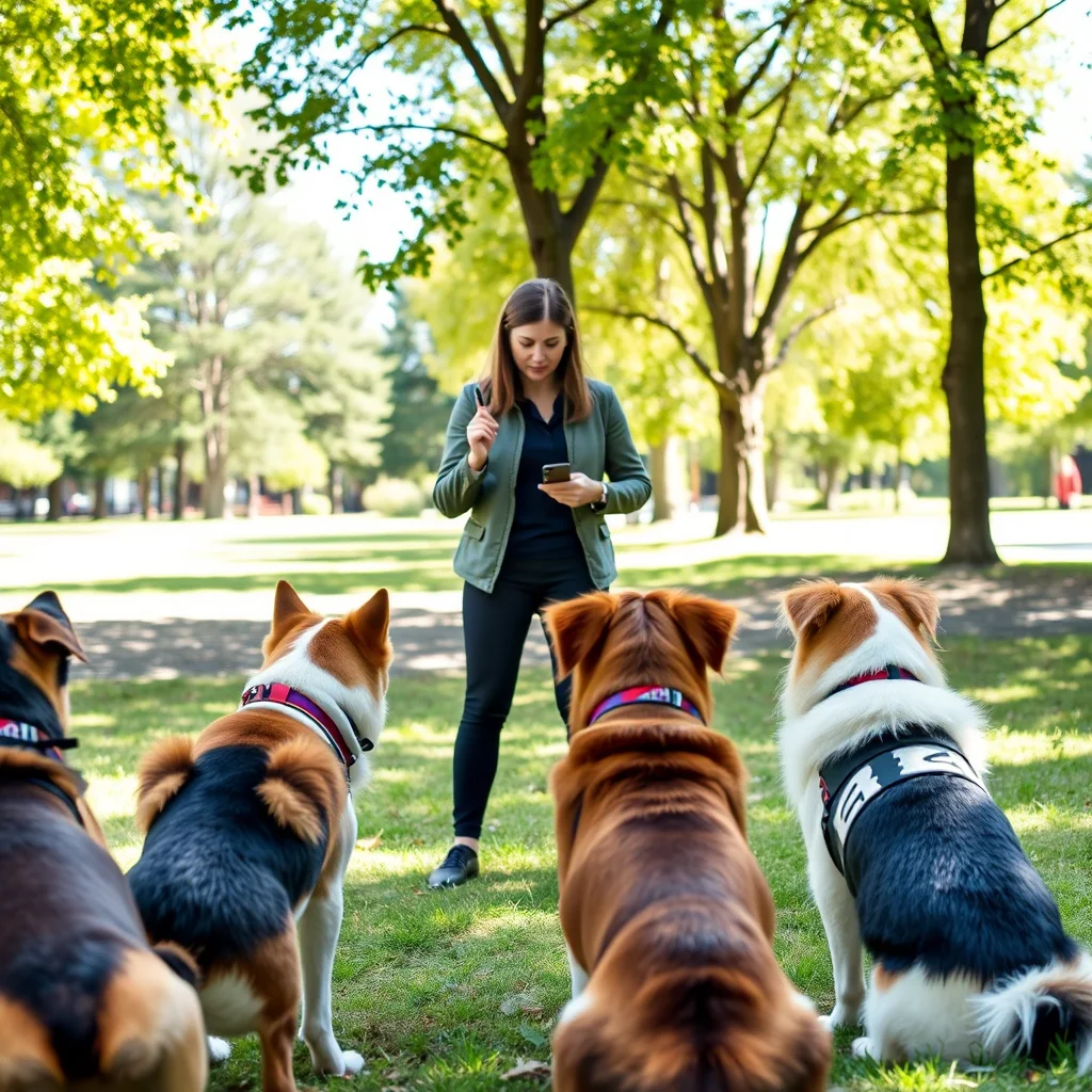 Entrenador mostrando comandos a perros en un parque.