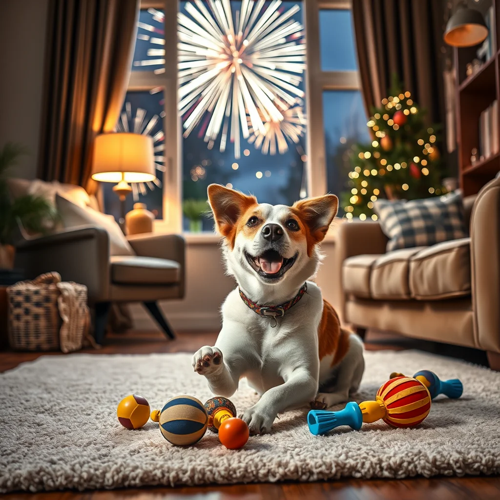 Perro juega en casa mientras hay fuegos artificiales.