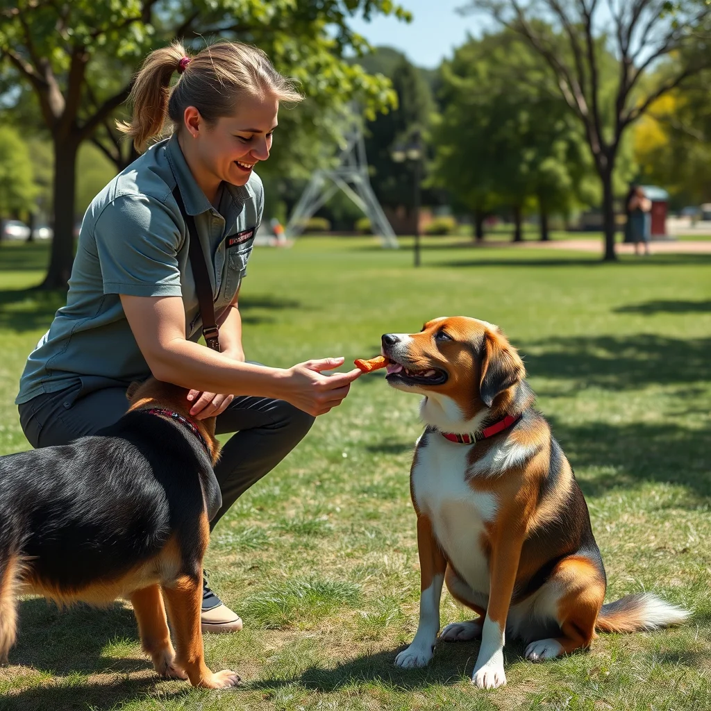 Entrenador recompensa a un perro en el parque.