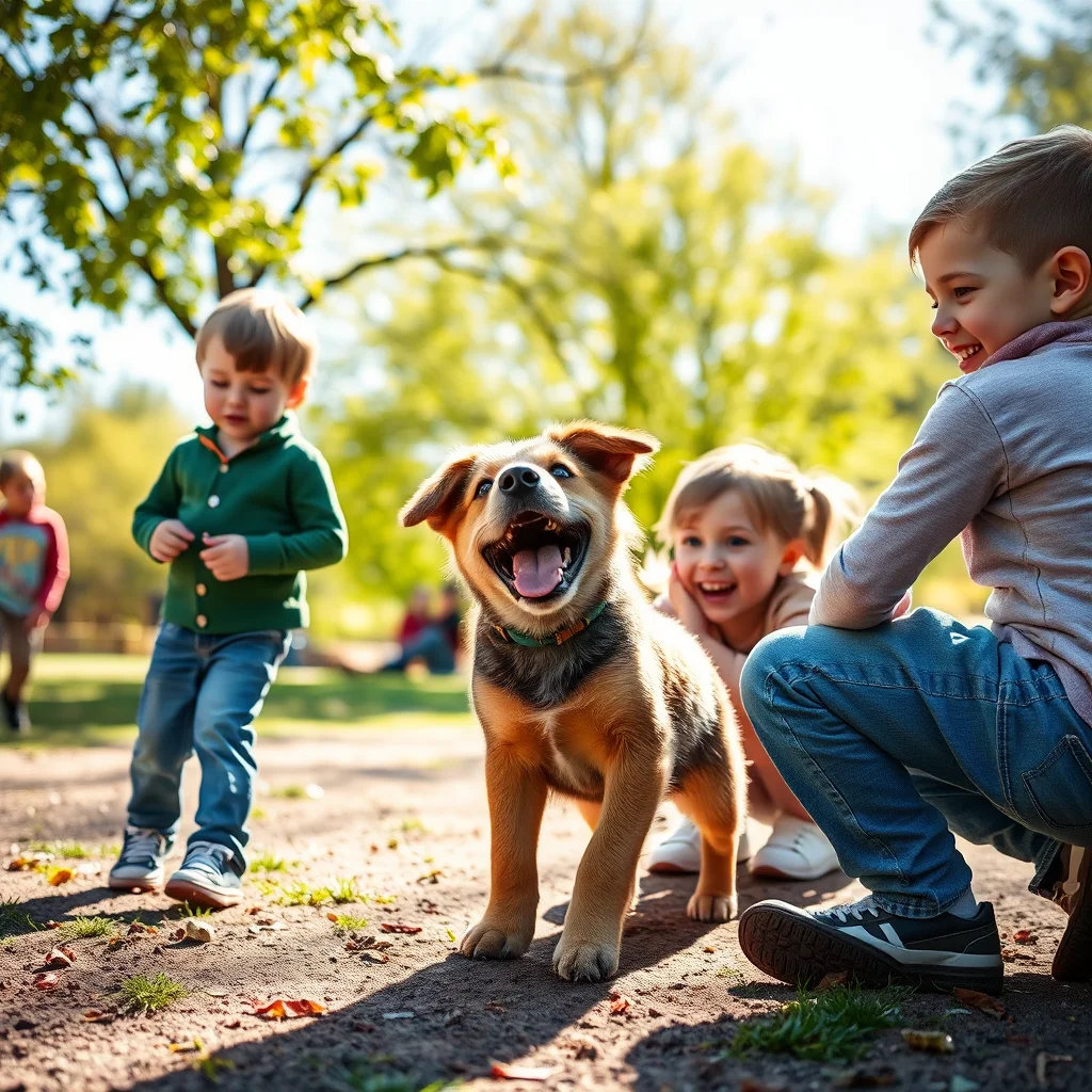 Un cachorro jugando con niños en un parque.