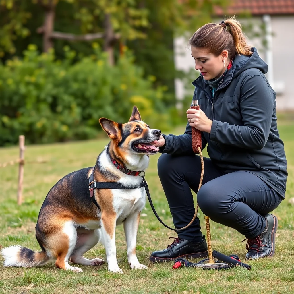 Entrenador de perros demostrando técnicas al aire libre.
