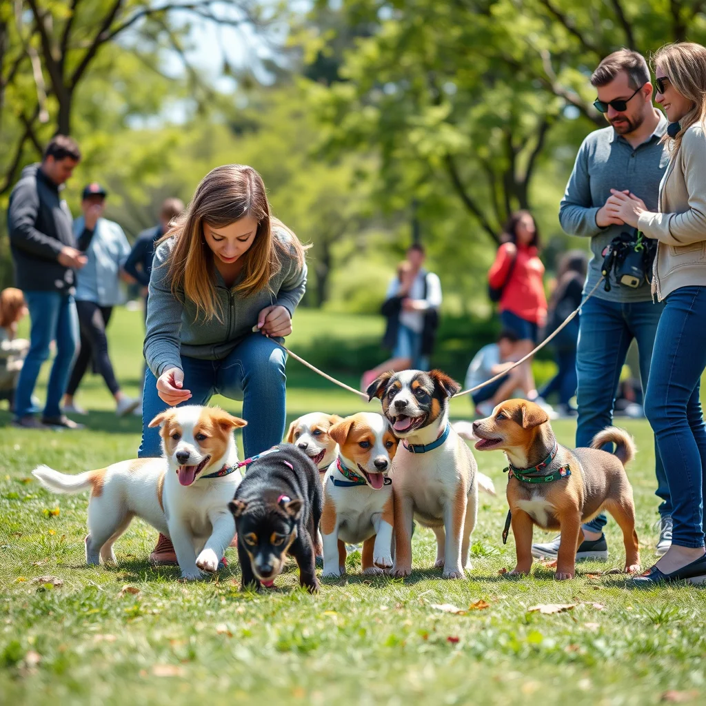 Entrenador con cachorros felices en un parque.
