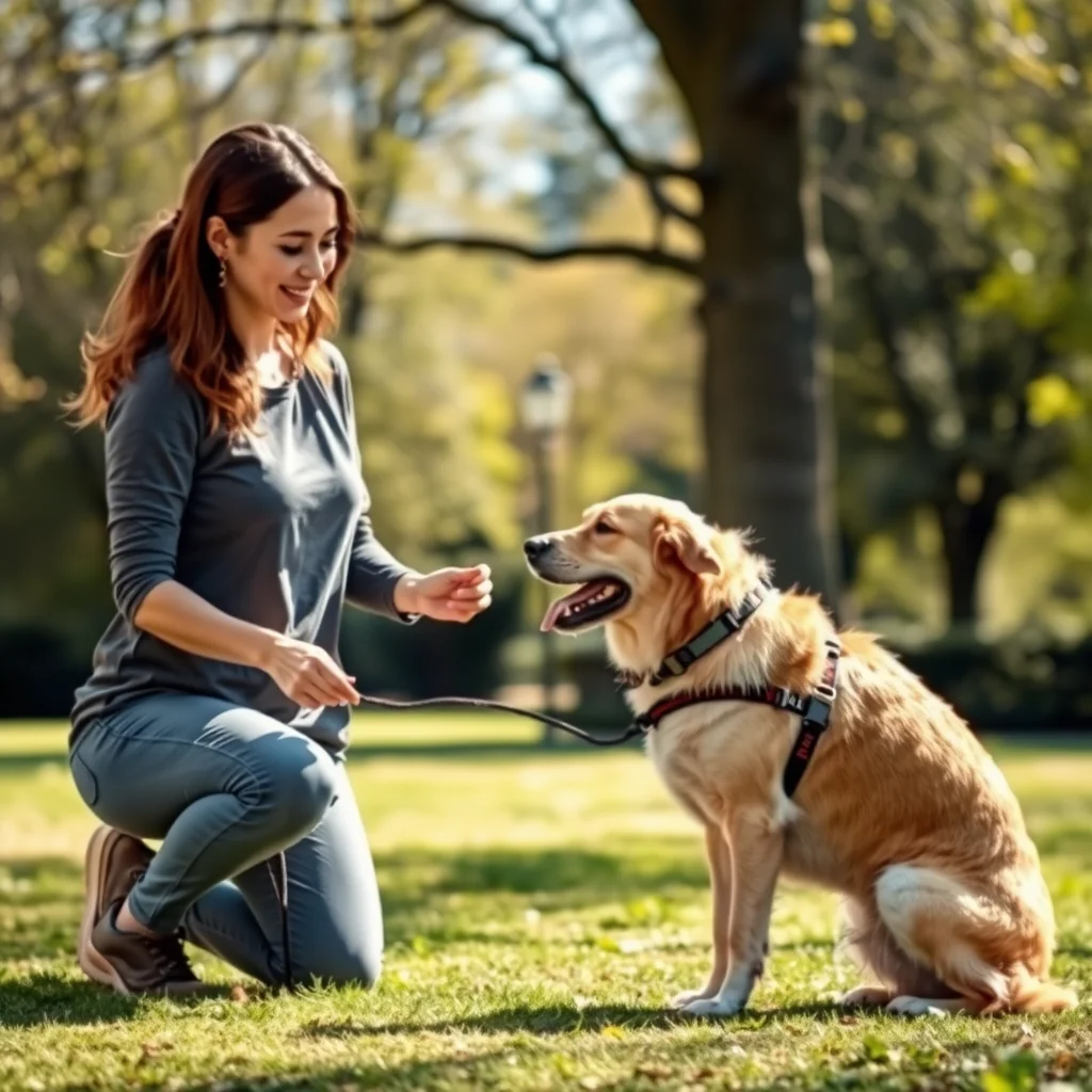 Entrenador con perro en un parque soleado.