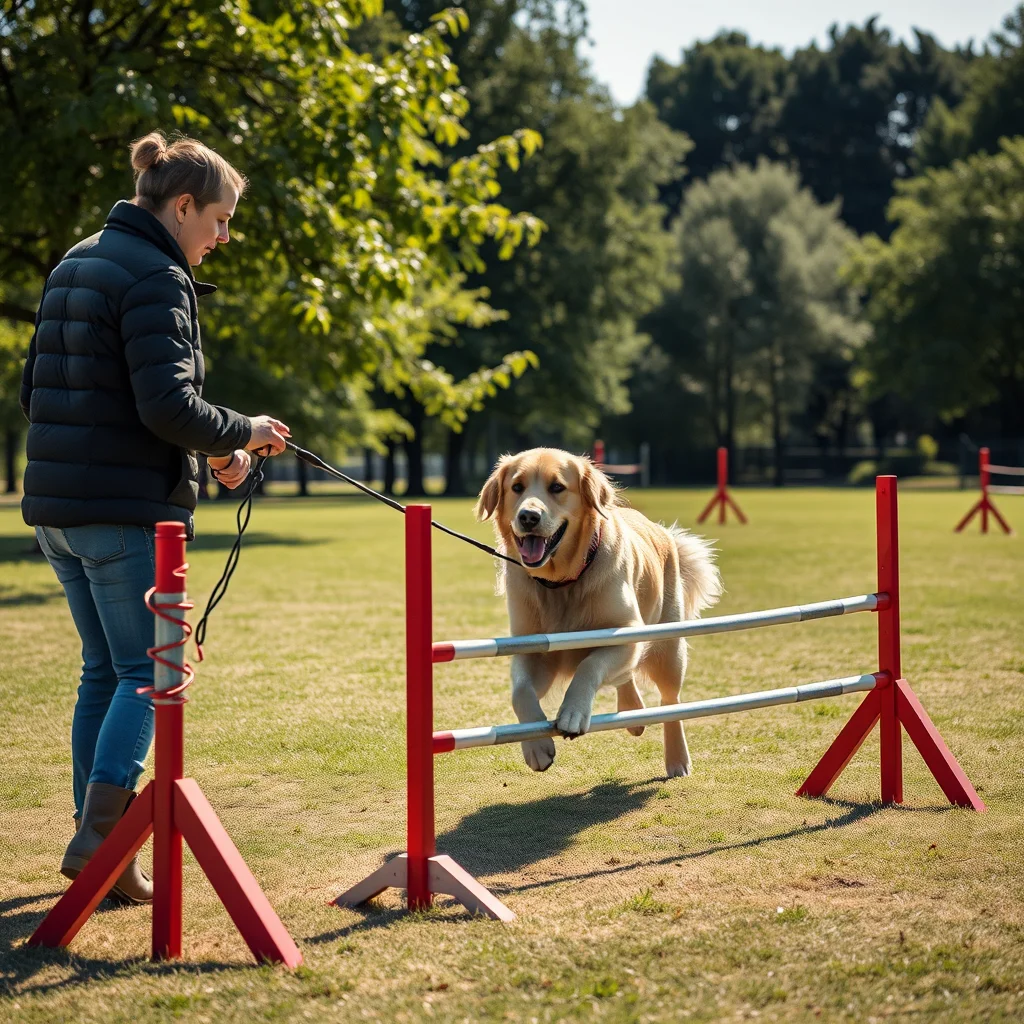 Entrenador y perro en un parque soleado.