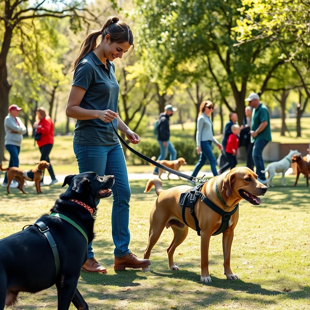 Entrenador y perros en un parque soleado