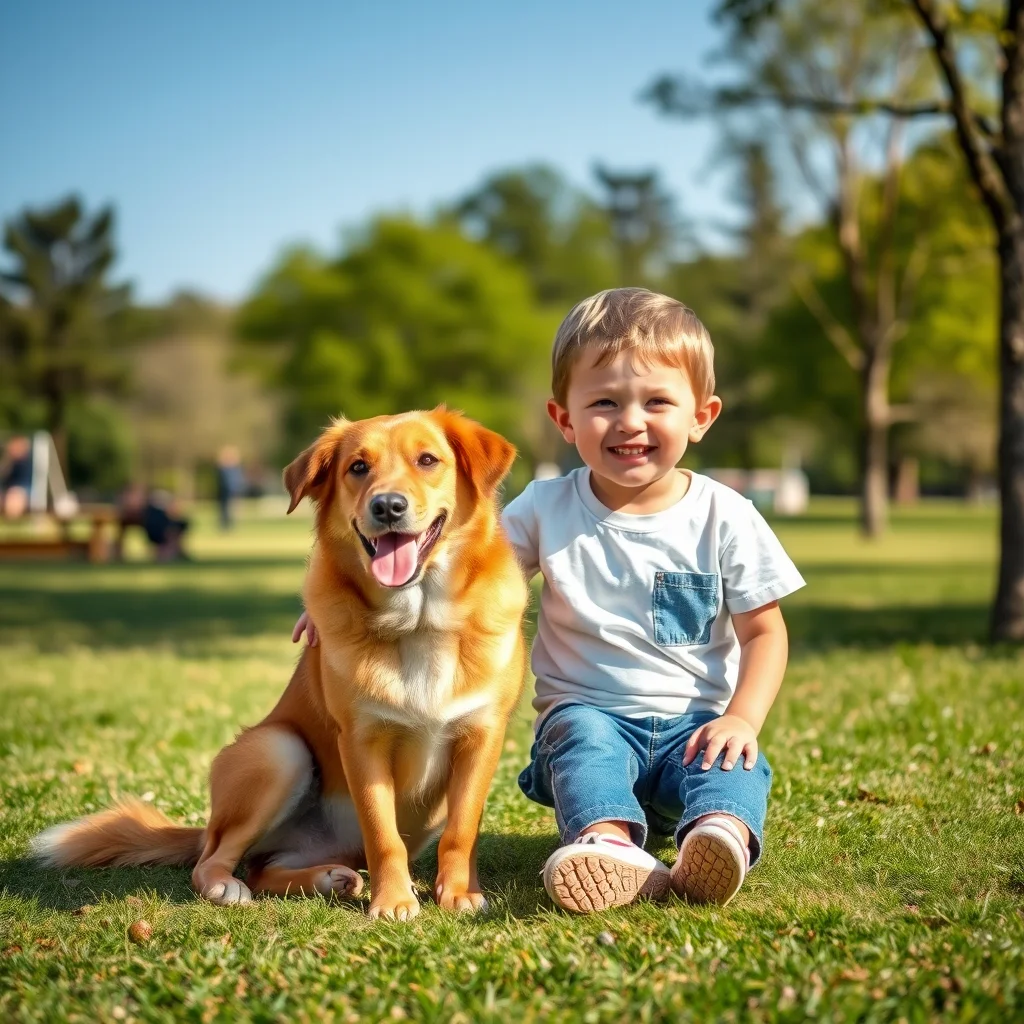 Un perro y un niño sonríen en el parque.