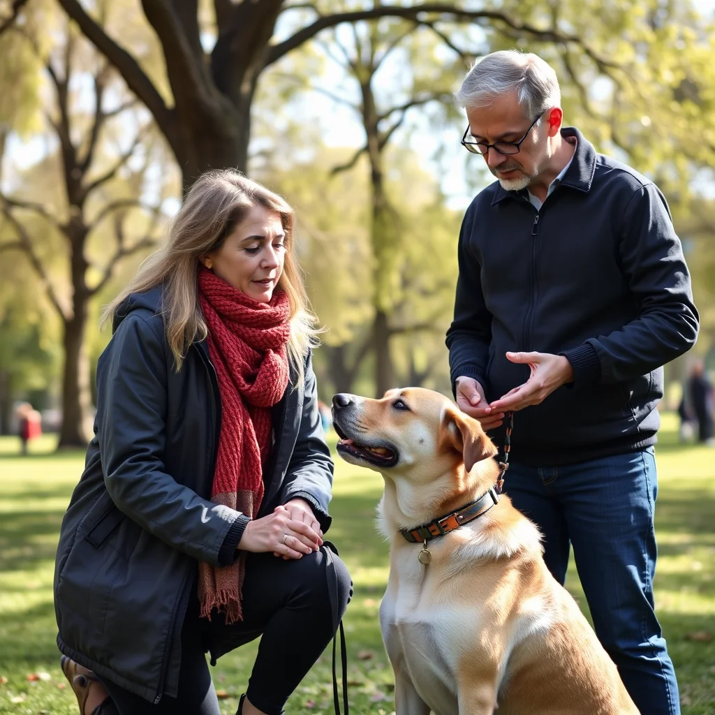 Dueño preocupado consulta a adiestrador en parque.