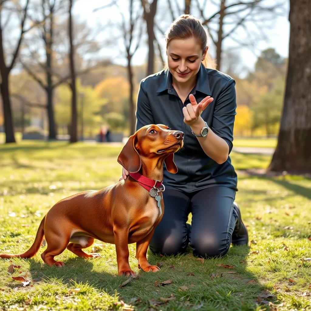 Entrenador corrigiendo comportamiento de un dachshund.