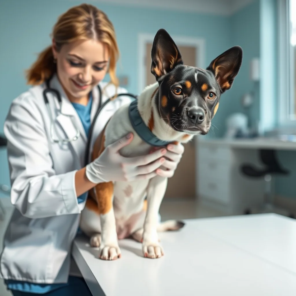 Veterinario examinando un perro nervioso.