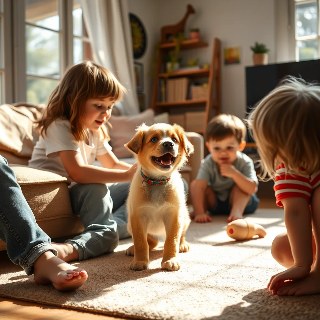Un cachorro juega con niños en casa.