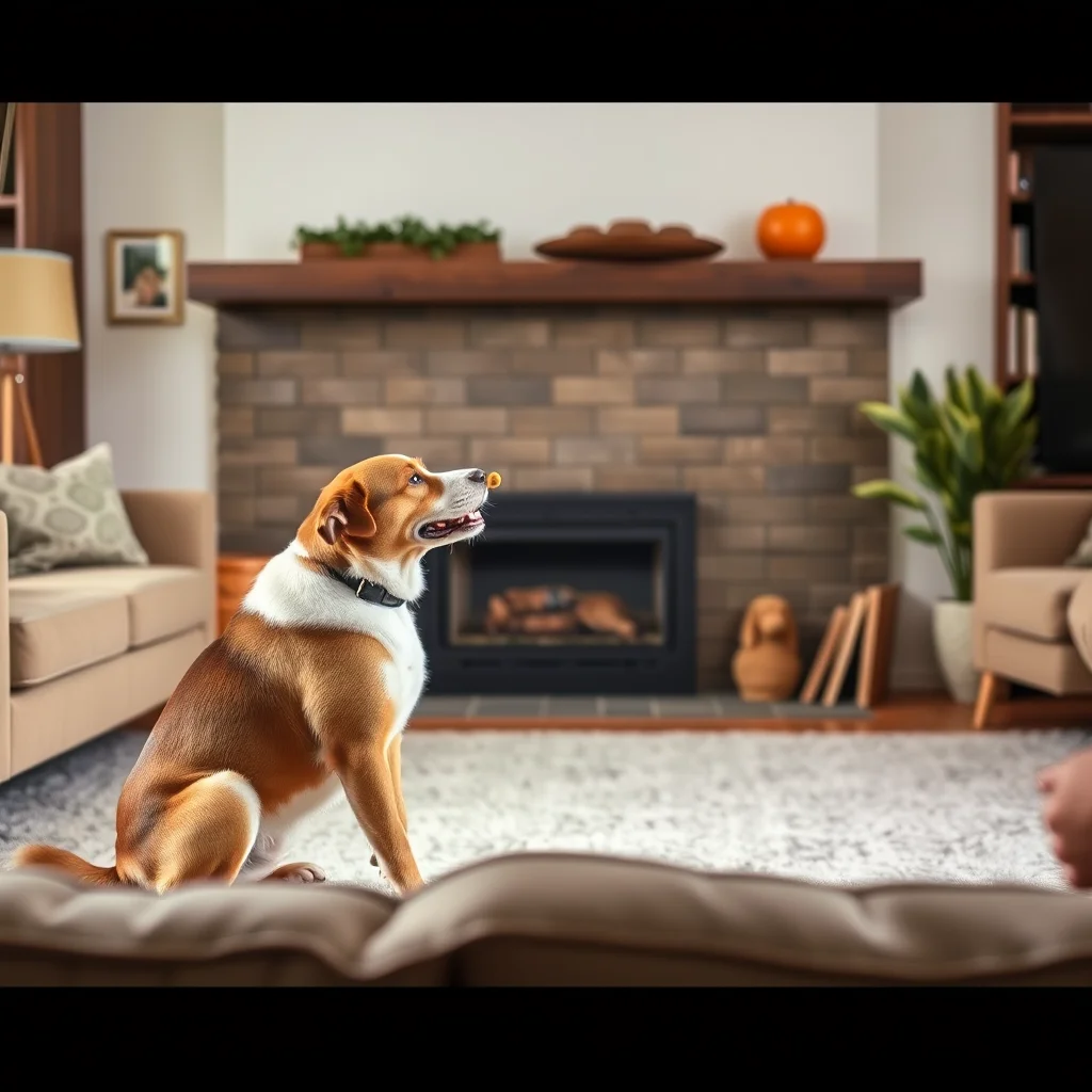 Persona entrena a un perro en casa.