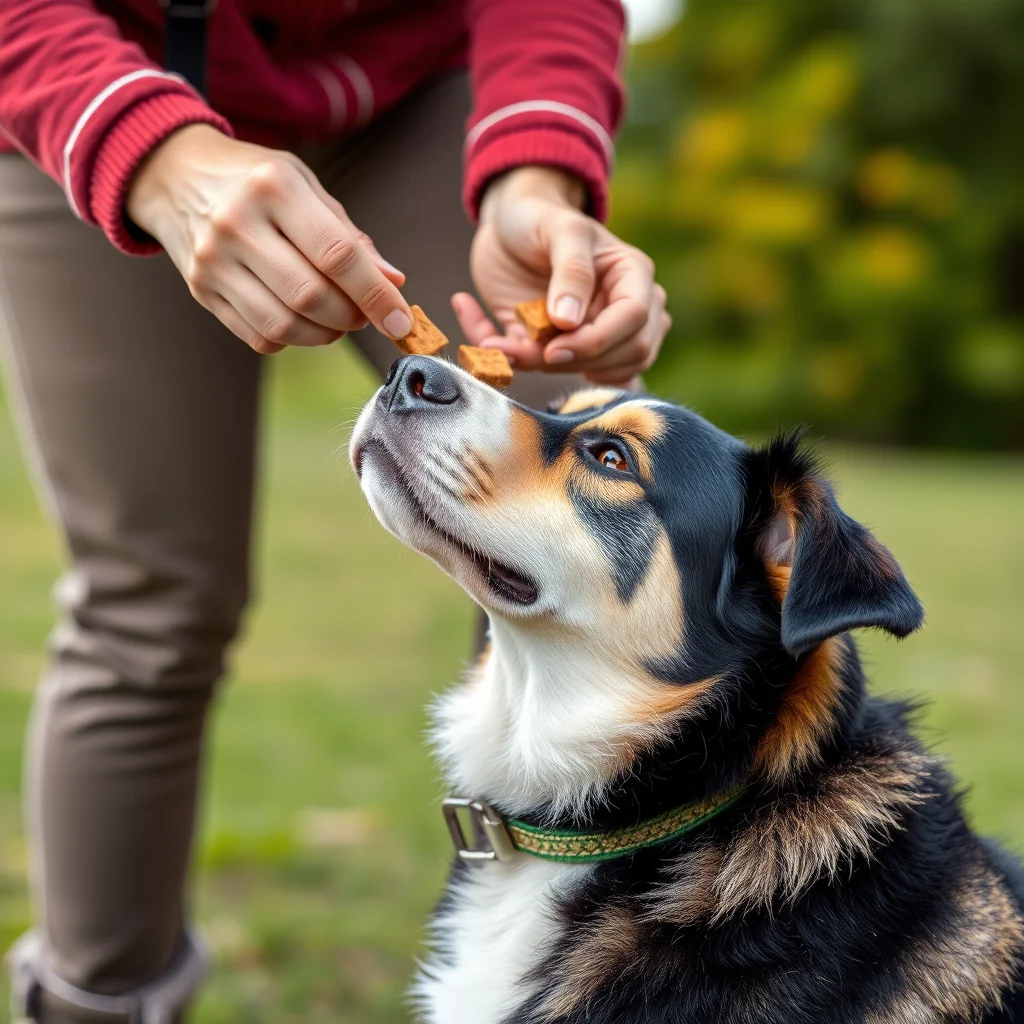 Entrenador recompensa a un perro tranquilo con golosinas.