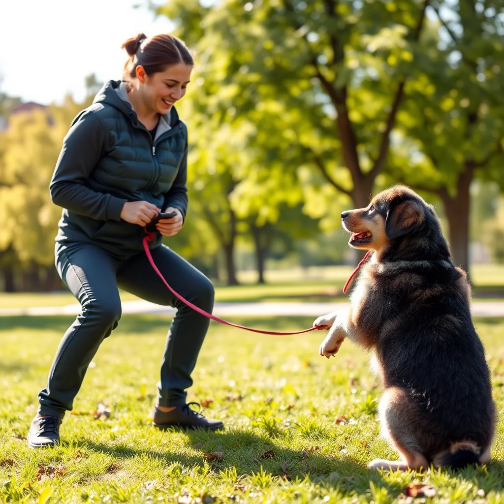 Entrenador enseñando a un cachorro en el parque.