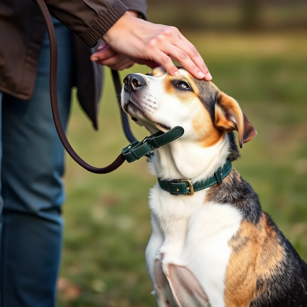 Entrenador muestra collar a un perro atento.