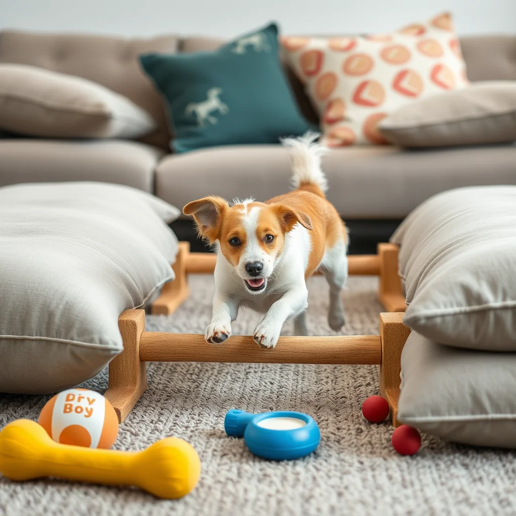 Perro jugando en un gimnasio mental en casa.