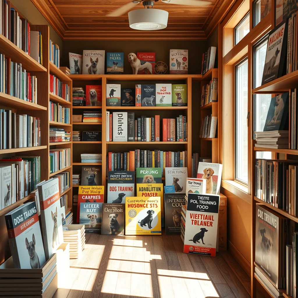 Esquina de librería con libros sobre perros.