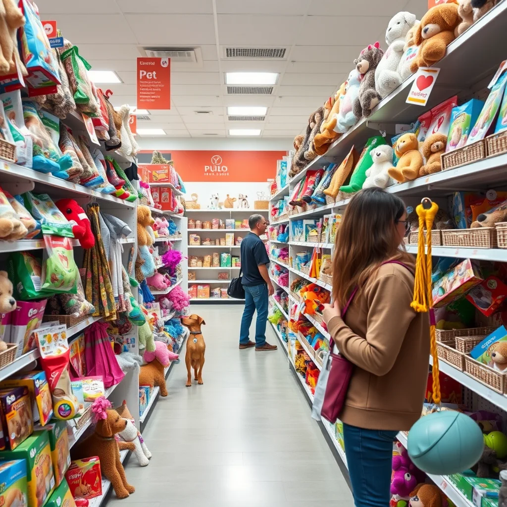 Pasillo de tienda con juguetes para perros.