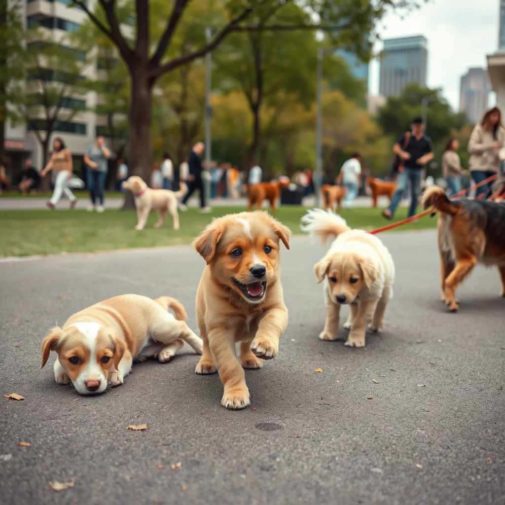 Un cachorro juega con otros perros en un parque urbano.