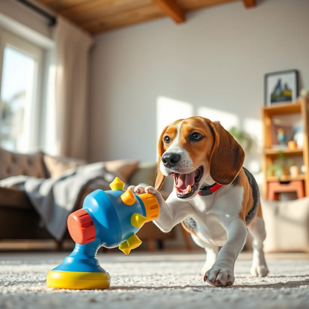 Un beagle juega con un juguete interactivo.