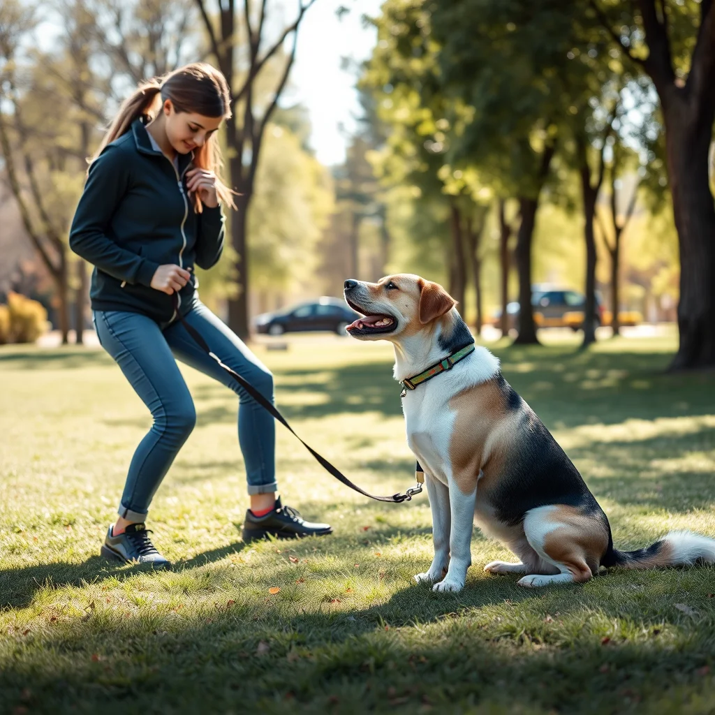 Entrenador y perro en un parque soleado.