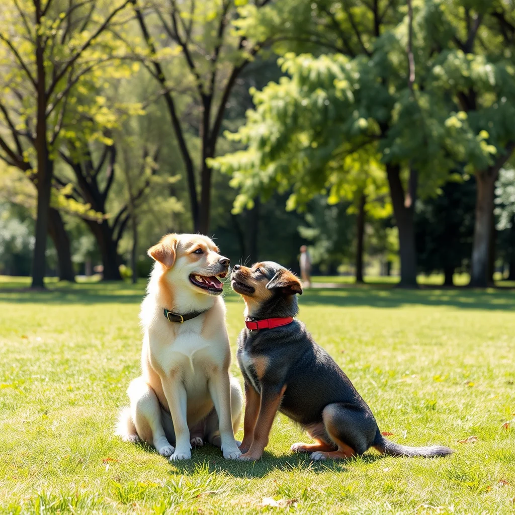 Entrenador canino en un parque soleado.