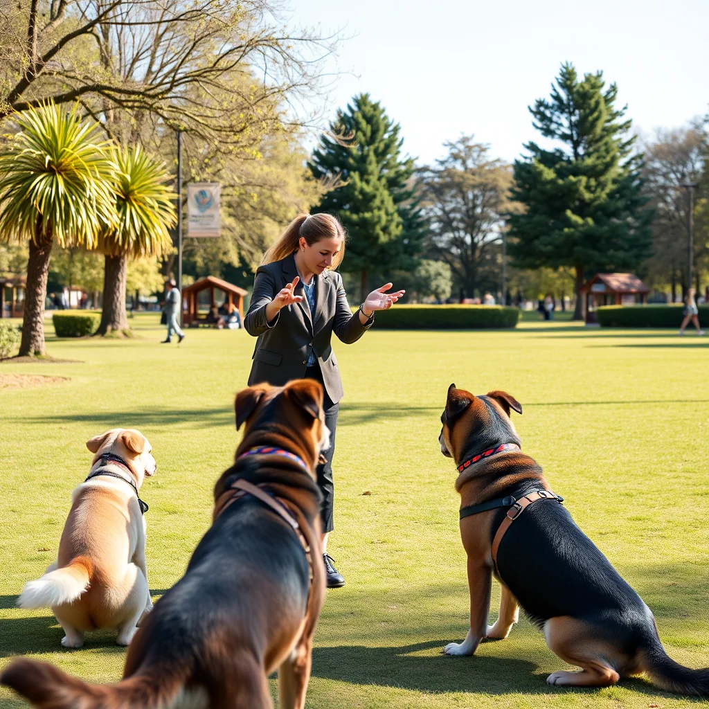 Entrenador mostrando comandos a perros en un parque.