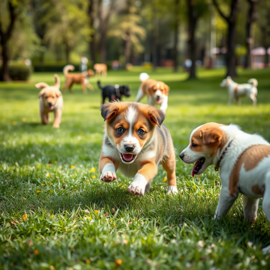 Cachorro jugando con otros perros en el parque.