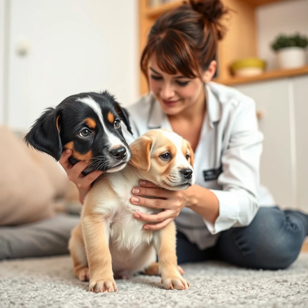Un entrenador calma a un cachorro nervioso.