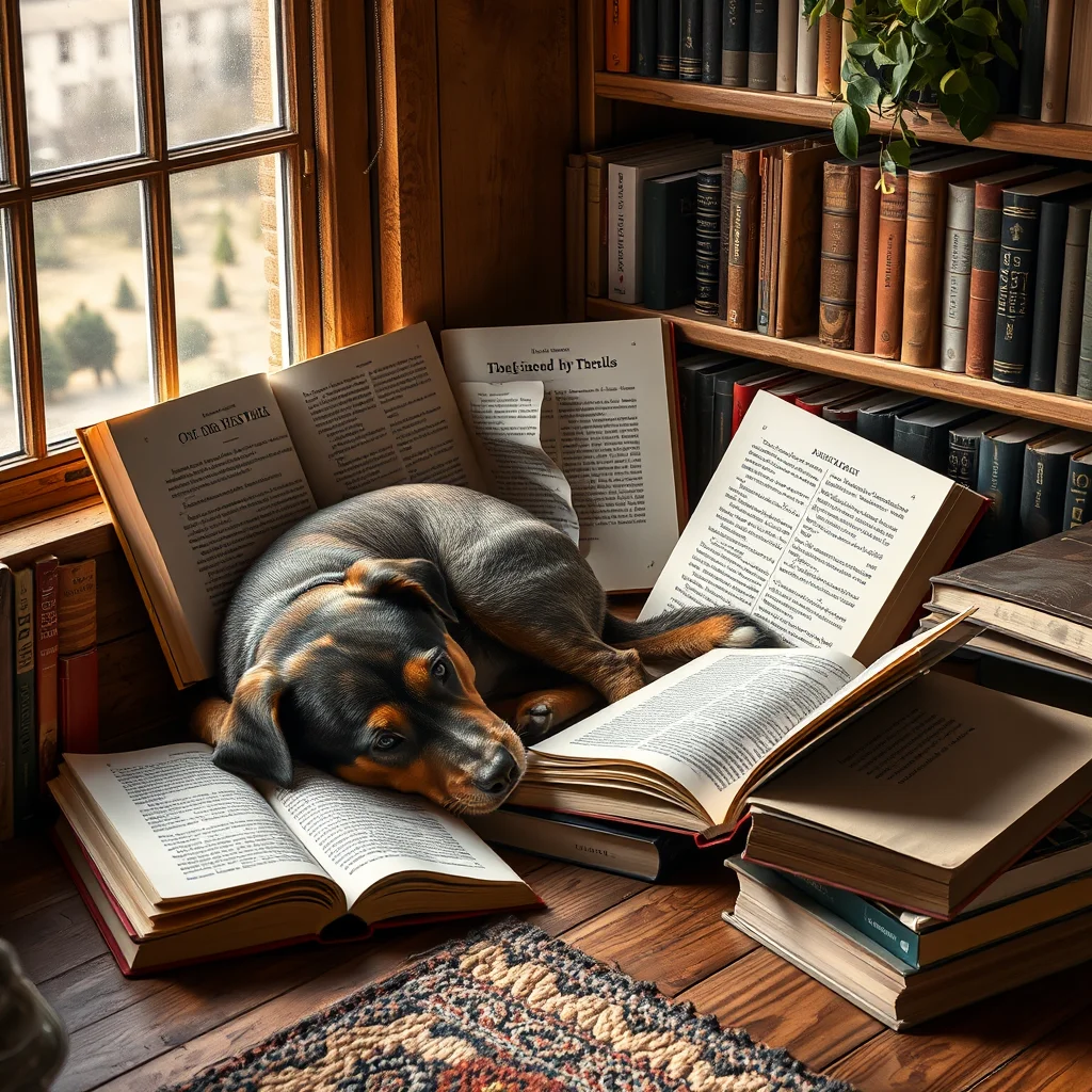 Rincón de lectura con perro y libros abiertos.