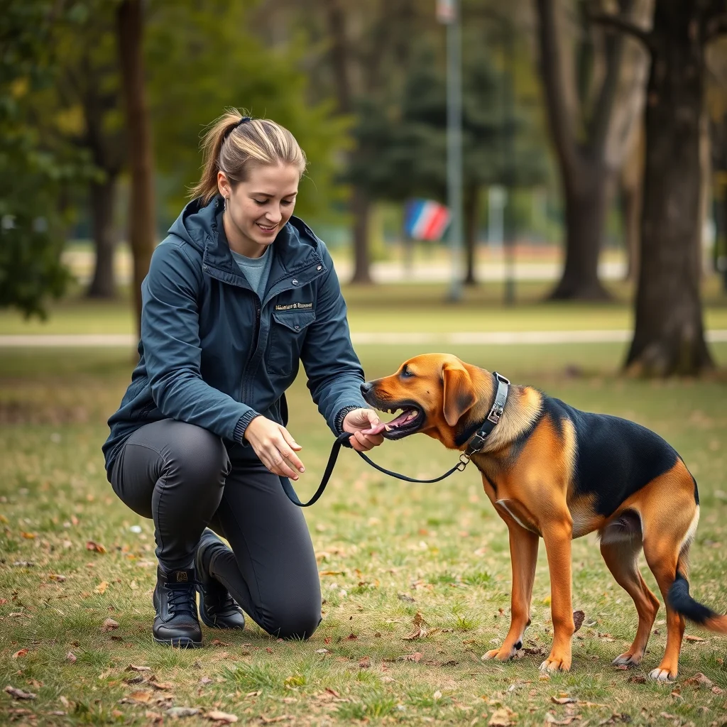 Entrenador trabajando con un perro agresivo en el parque.