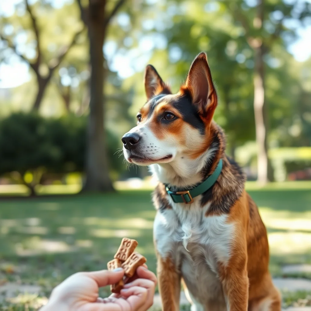 Perro atento en un parque soleado.